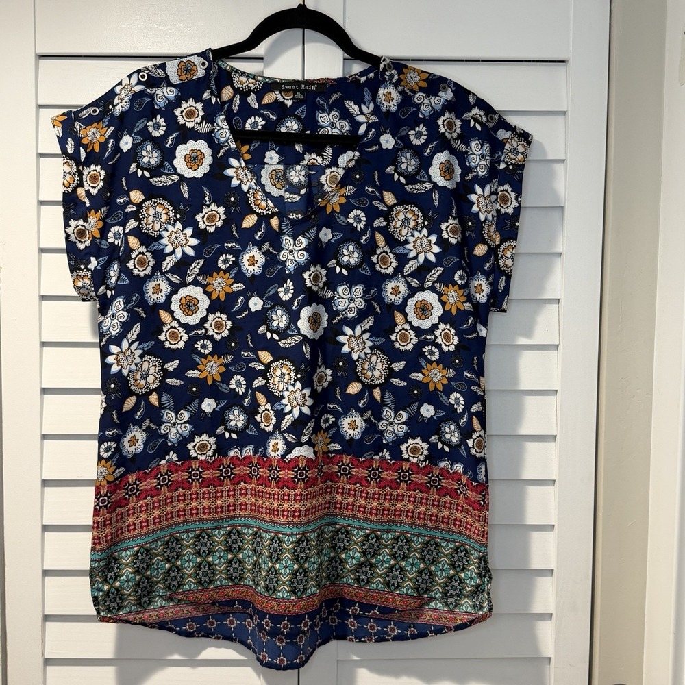 Sweet Rain Women's‎ Navy Floral Border Print Blouse Size XL